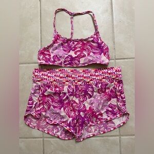Athleta Girl 2 piece reversible swimsuit kids XL (14) Pink leaf Tropical design